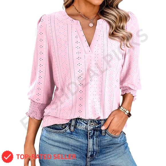 Tops - V-Neck Hollow Out Blouse 3/4 Sleeve Business Casual T-Shirt Elegant Chic